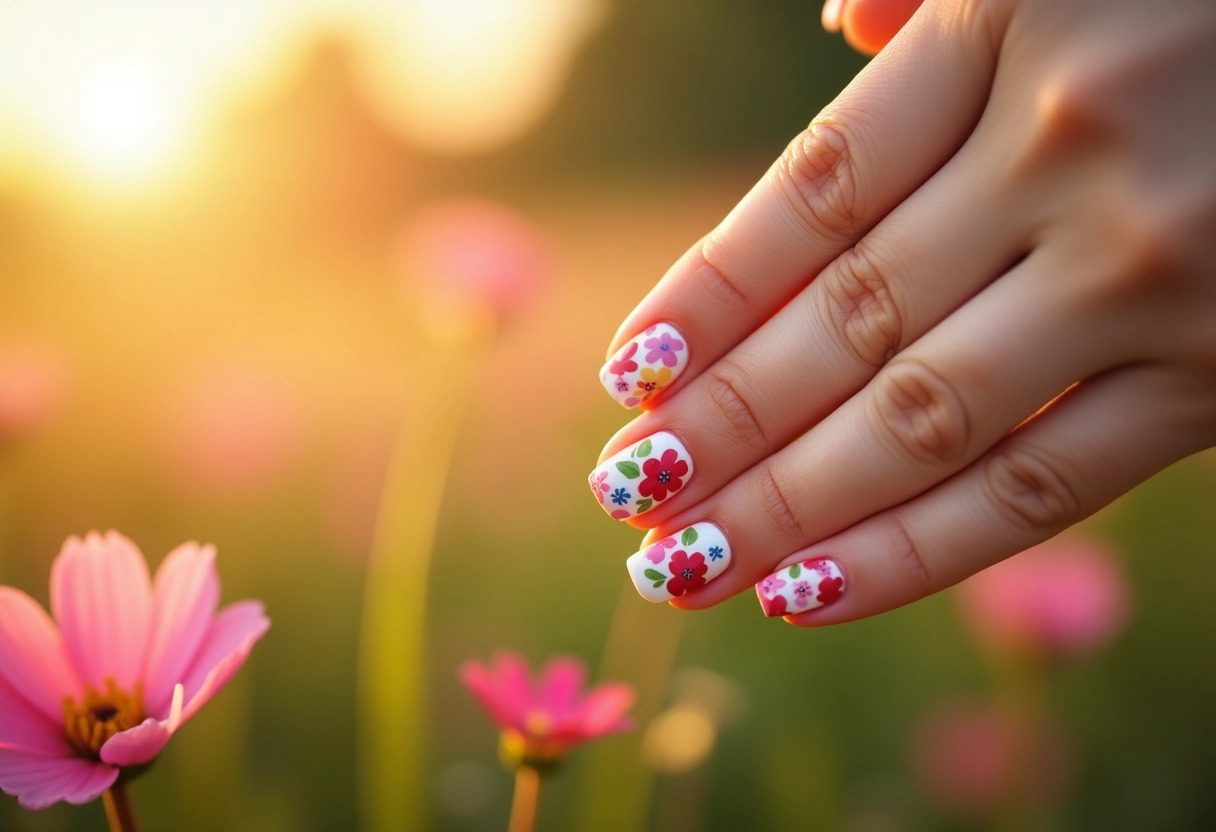 idée ongle semi-permanent : motifs floraux pour un été éclatant -  motifs floraux